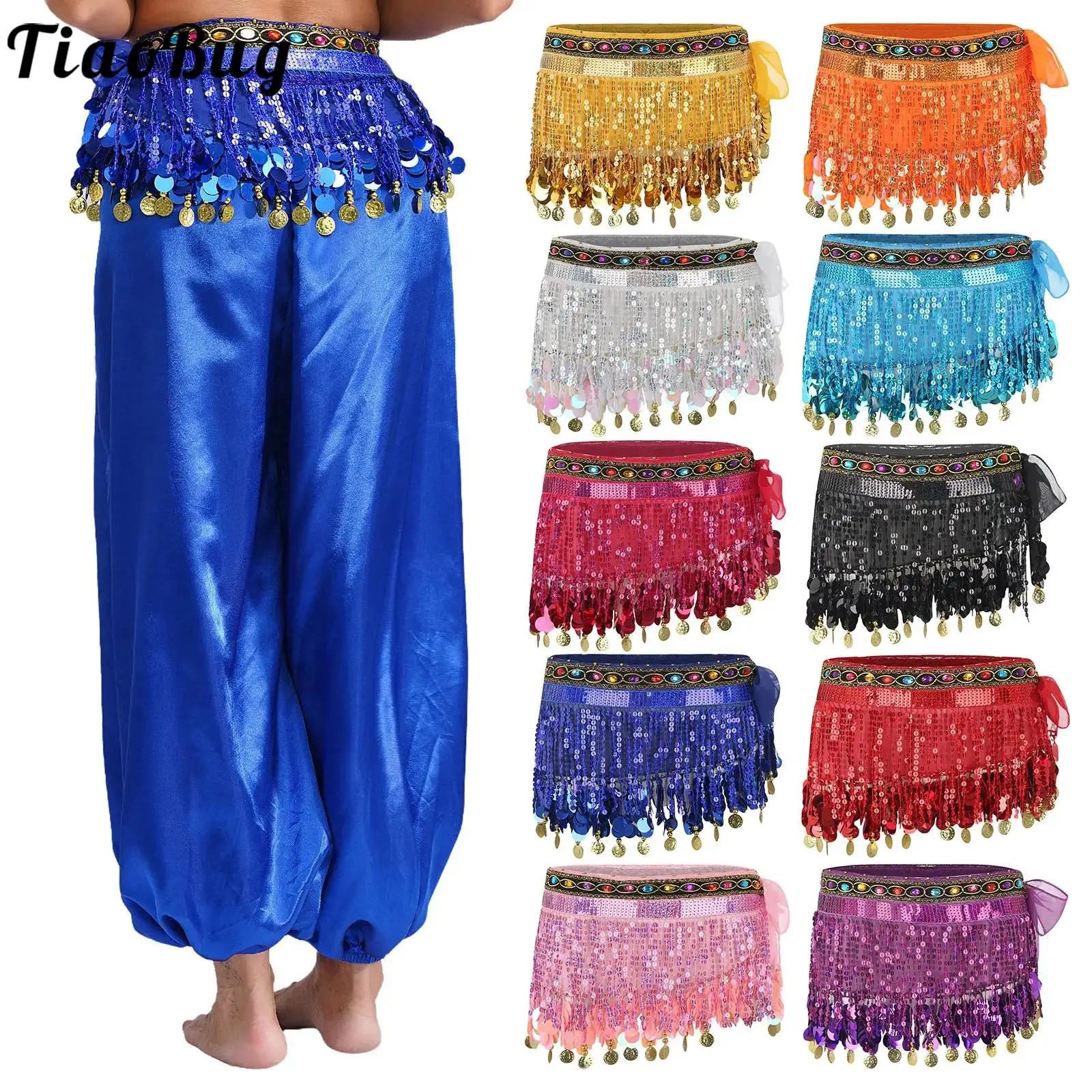 

Sexy Women Belly Dance Hip Skirt Scarf Wrap Belt Glitter Sequins Tassel Hip Scarf Skirt Halloween Dance Performance Costume