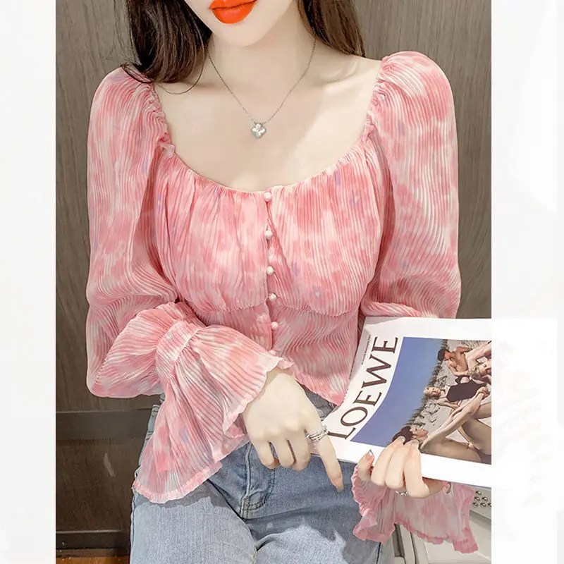 Sexy Kawaii Sweet Square Neck Print Party Club Crop Tops for Women Fashion Pleated Slim Long Sleeve Chic Chiffon Shirts Blouses