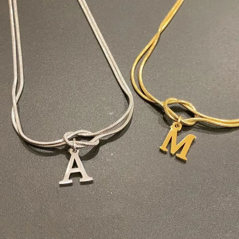 New Letter A-Z Love Knot Necklaces for Women Couple Stainless Steel Gold Color Dainty Snake Chain Charm Necklace Jewelry Gift