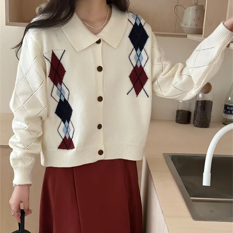 

Корейский милый женский свитер с воротником-поло, пальто, весенне-осенний модный повседневный короткий вязаный кардиган в ленивом стиле