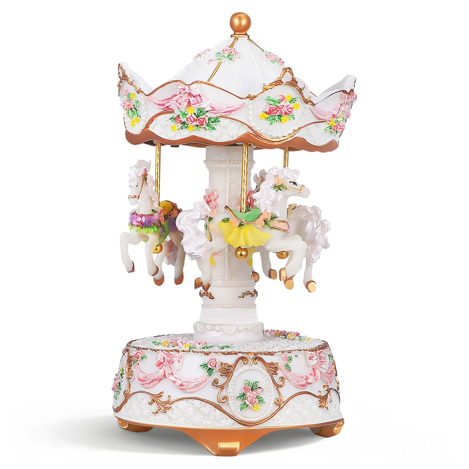 Classic Rotating Carousel Music Box Carved Horse Mechanical Windup Soothing Tune Colorful LED Lights Desktop Decor for