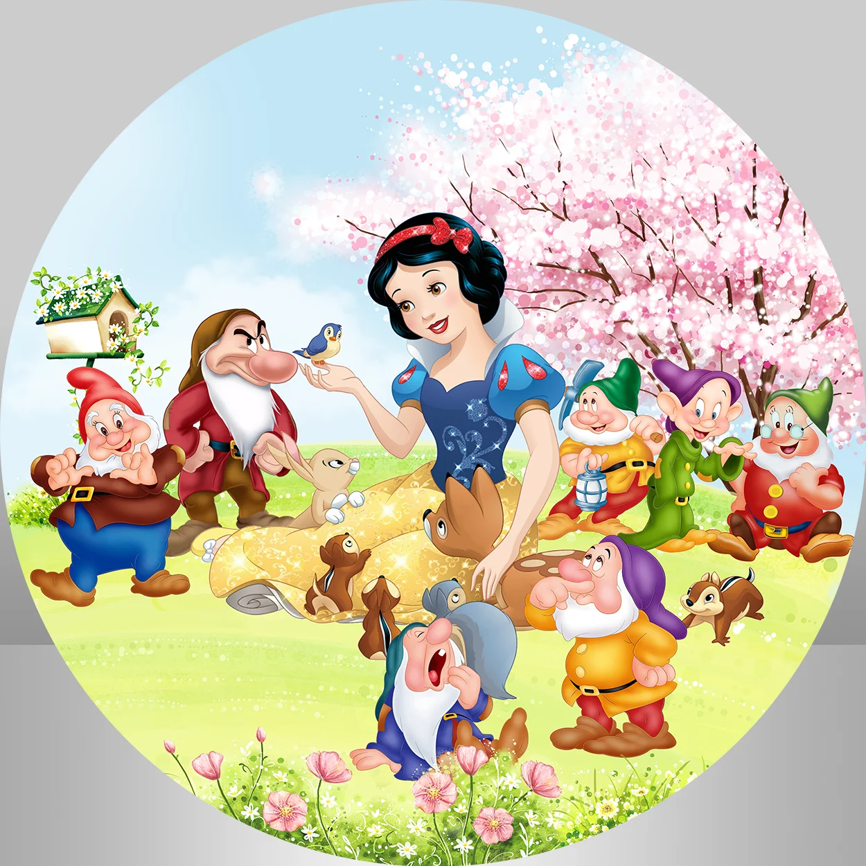 Princess Snow White Round Backdrop Enchanted Forest Snow White and The Seven Dwarfs Party Background for Girl Birthday Decor