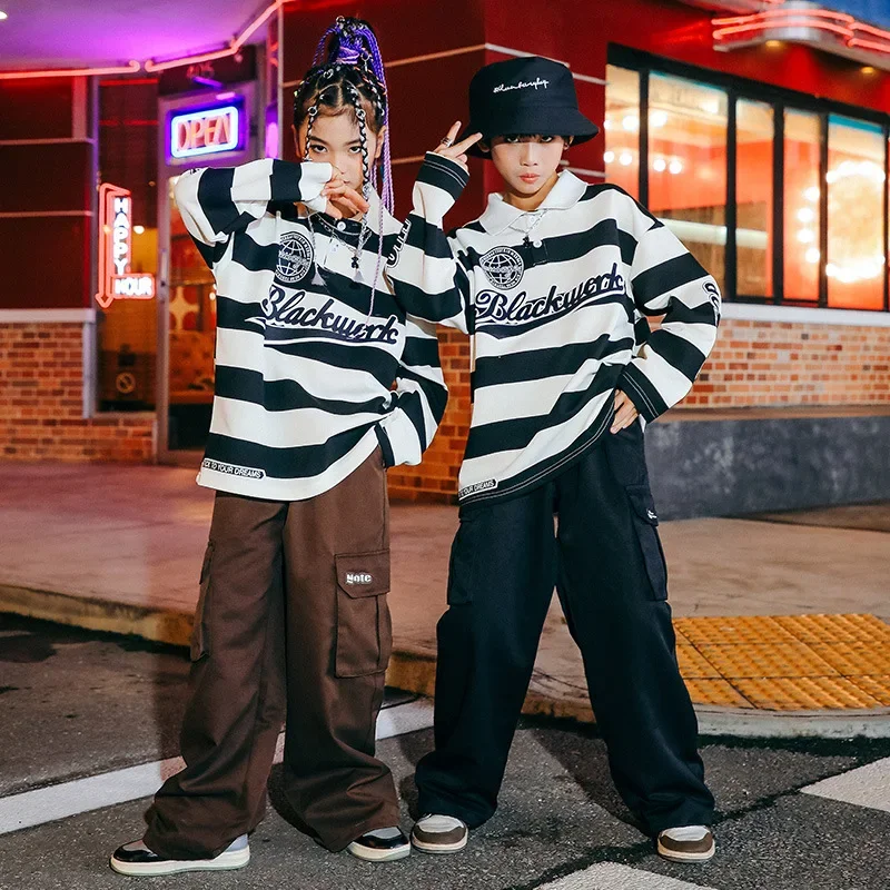 

Kids Hip Hop Clothes Sets Letter Striped Lapel T-shirt Top + Pants Teen Boys Street Dance Costumes Girls Jazz Performance Suit