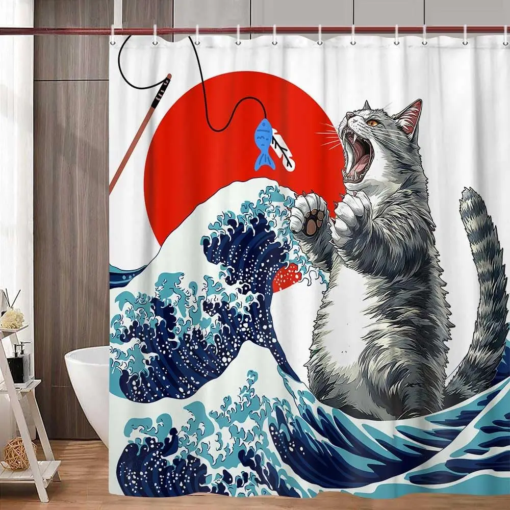 

Занавеска для душа Unny Cat с японскими волнами, крутой аниме-дизайн для детской ванной, морская тканевая занавеска для ванной с крючками, моющаяся, художественная