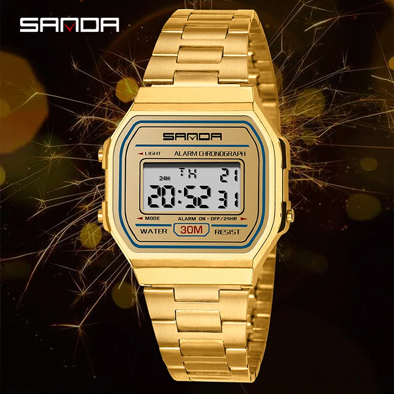 SANDA Multifunctional Women Electronic Watch Waterproof Luxury Gold Strap Luminous Digital Display Fashion Womens Quartz Watches