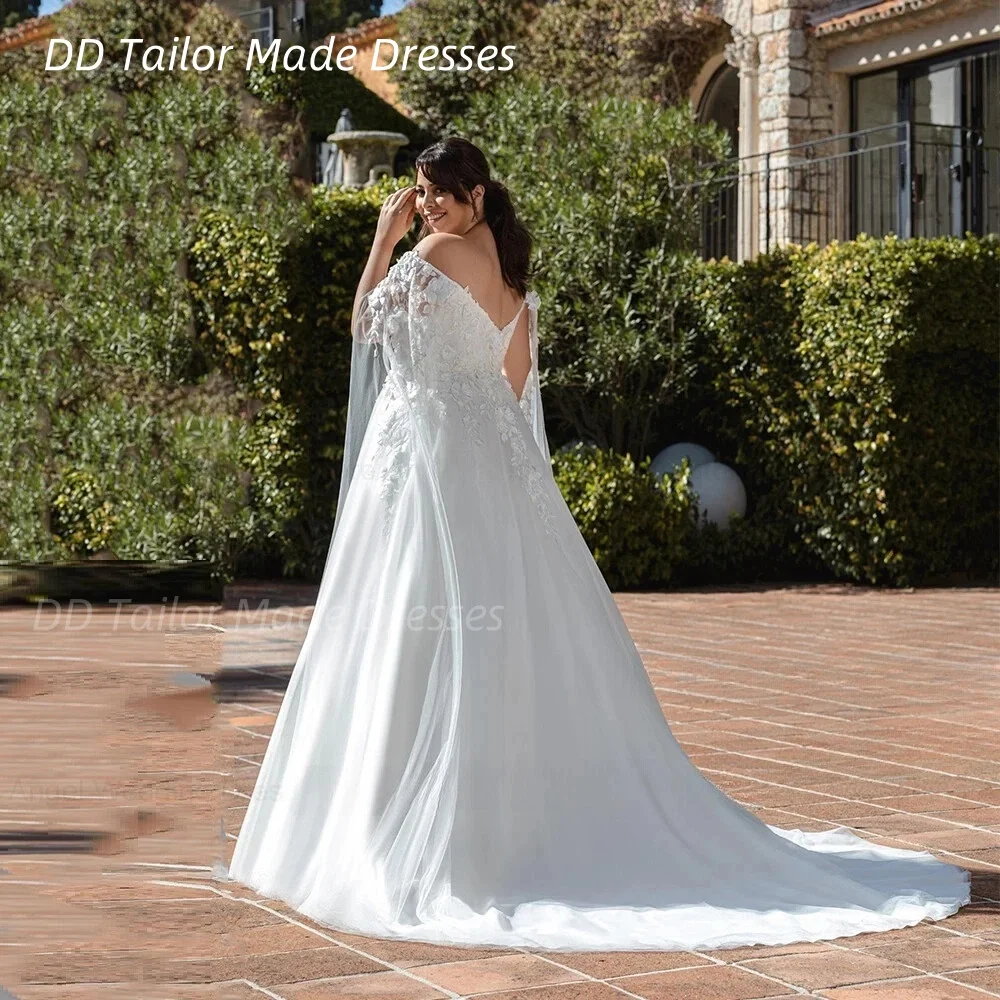 A-Line Long Princess Wedding Dress With Off Shoulder Caped Flower Lace Appliques Customized Plus Size Bridal Gown Robe De mariée