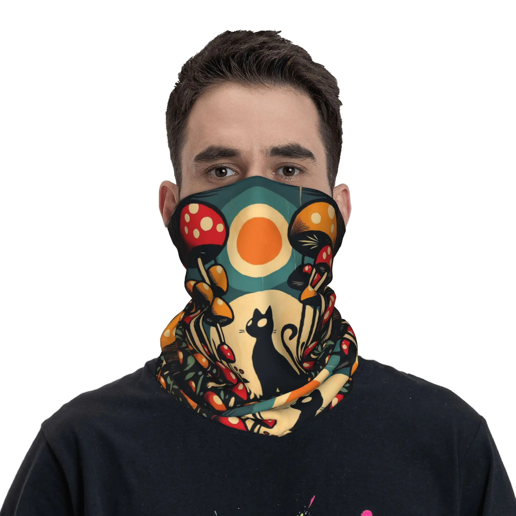 Black Cat in Mushroom Garden Bandana Neck Gaiter Printed Wrap Mask Scarf Cycling Scarf Cycling for Men Women Adult Breathable