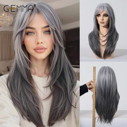 Synthetic Blonde Gray Long Straight Layered Wig with Bangs Natural Hair Cosplay Party Use Wigs for Women Heat Resistant Fibre