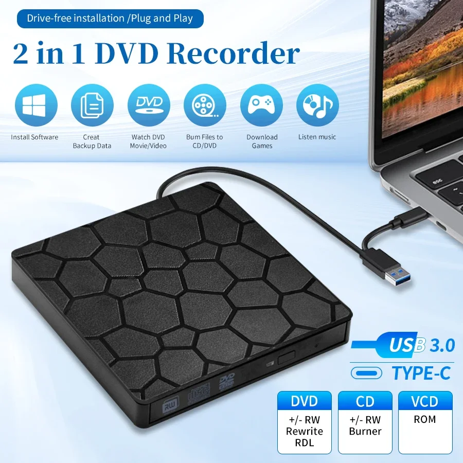 2-in-1 externes DVD-RW-Laufwerk, USB 3.0 Typ-C-Schnittstelle, schlankes DVD-CD-Brenner-Lesegerät, optisches Laufwerk für Laptop/Notebook – Detail 1