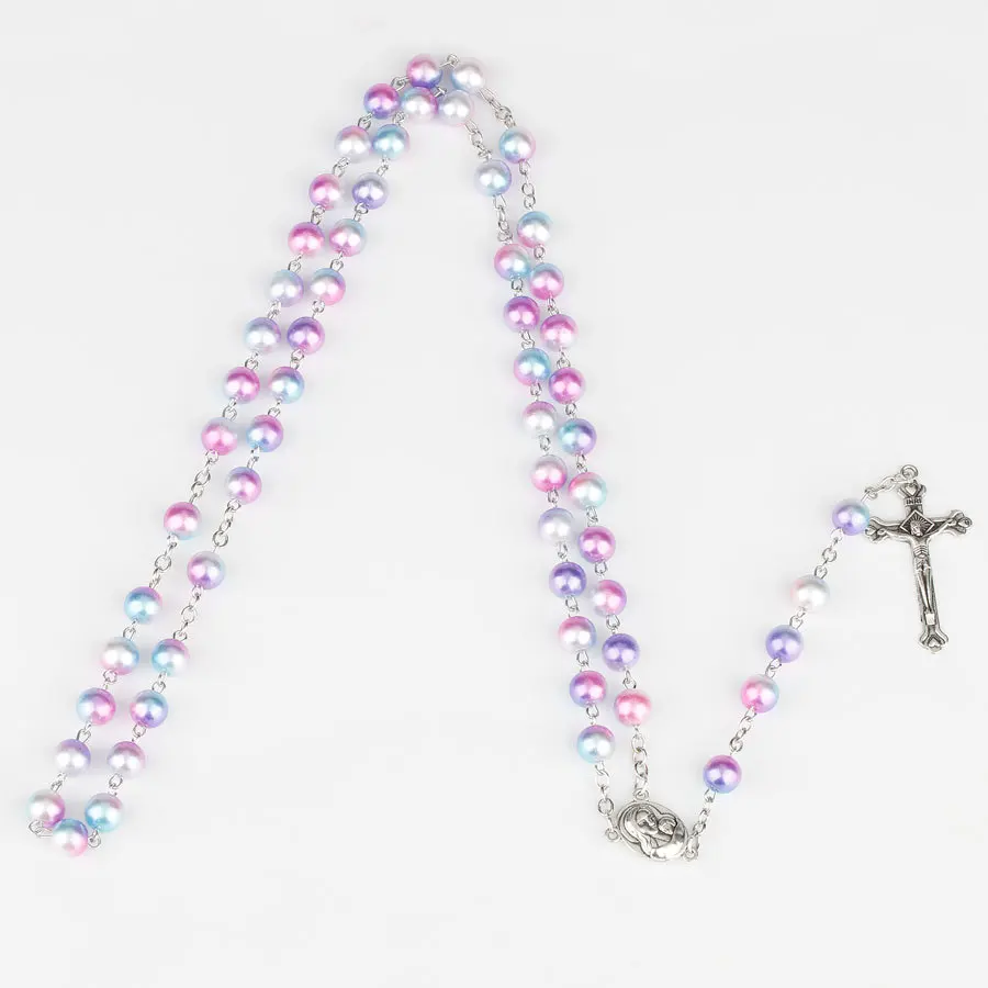 Fashion Religion Rosary Necklace For Women Christian Virgin Mary Jesus Cross Pendant 8MM Long Beads Chains Trendy Jewelry