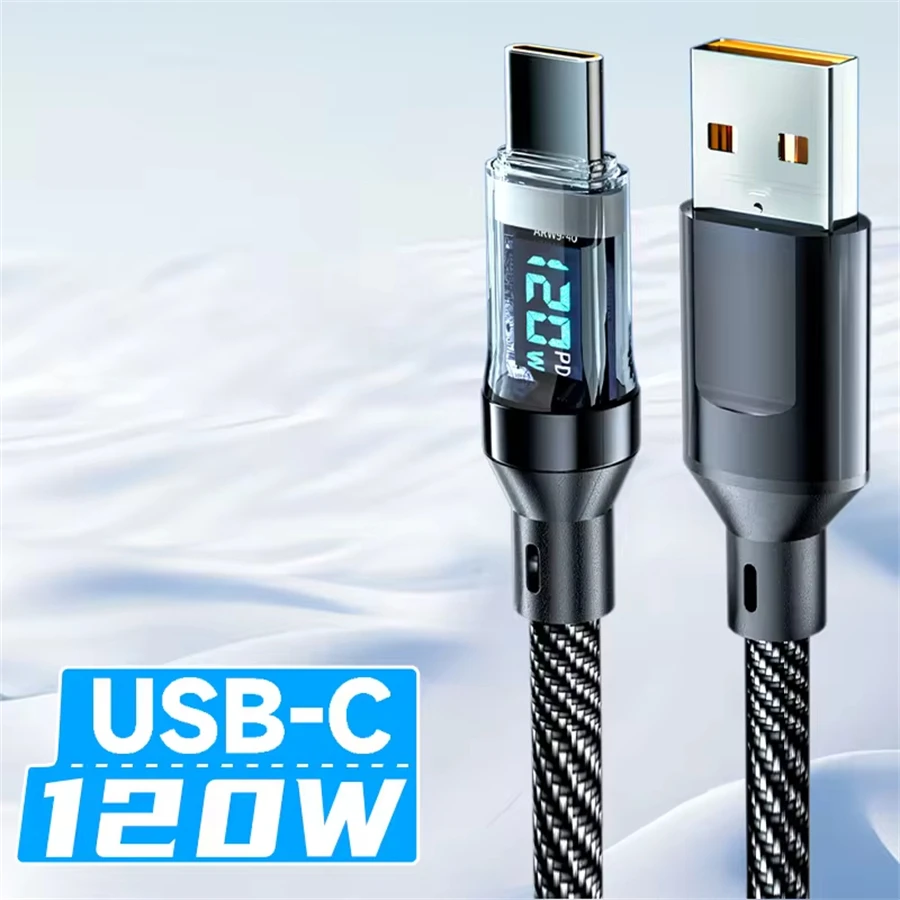 120W Fast Charging Data Cable 2 M Five Core 120W USB-C/Type C-C Charging Line With LED Screen Real-Time Power Digital Display