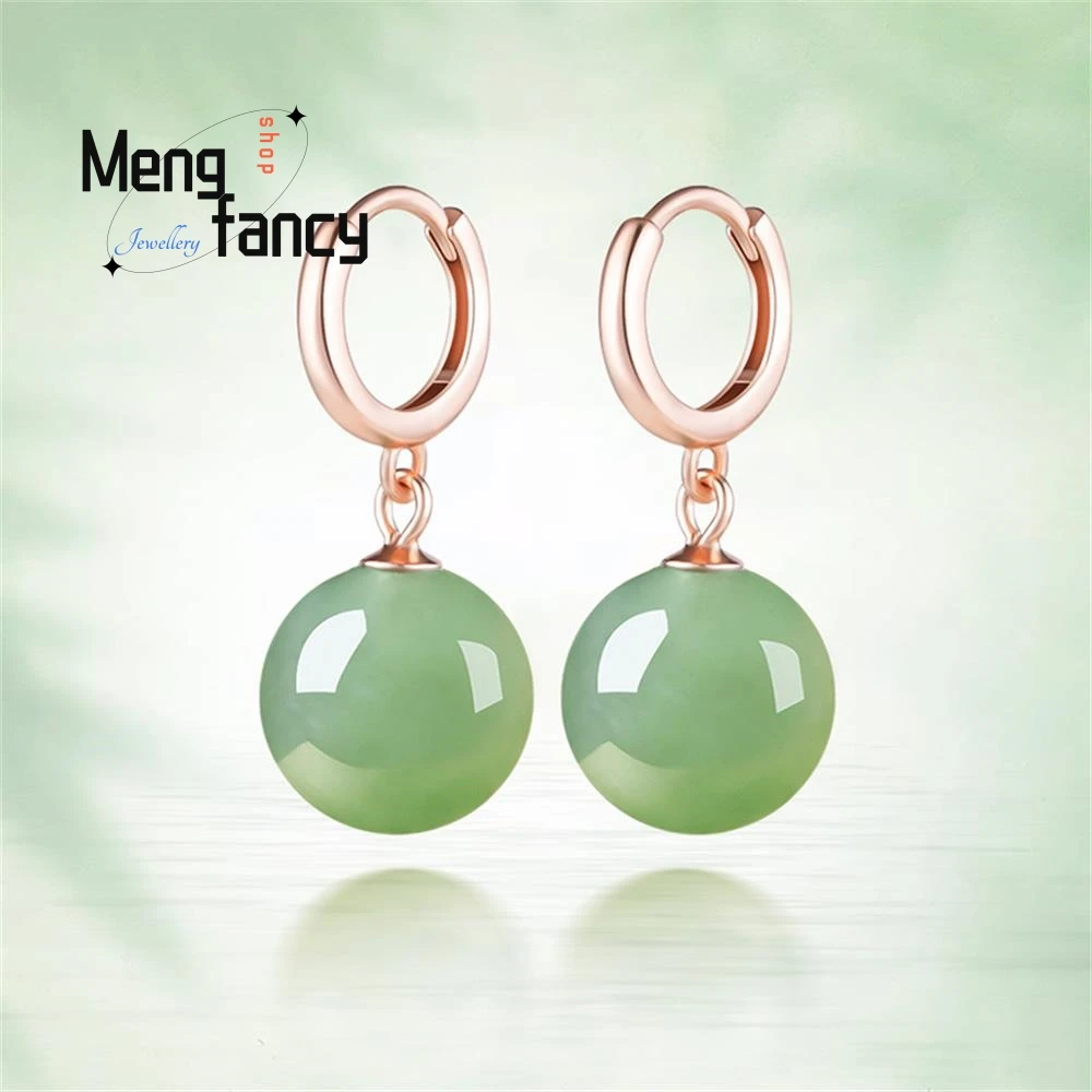 Genuine S925 Silver Inlaid Natural Hetian Jasper Round Beads Jade Earrings Fashion Luxury Jewelry Sexy Young Girls Holiday Gifts