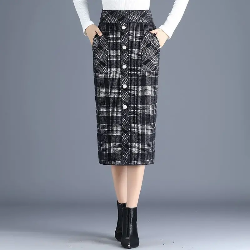 

2023 Women Autumn Winter New Elastic High Waist Knitted Skirts Female Thick Sweater Skirts Ladies Plaid Pencil Skirts Y509