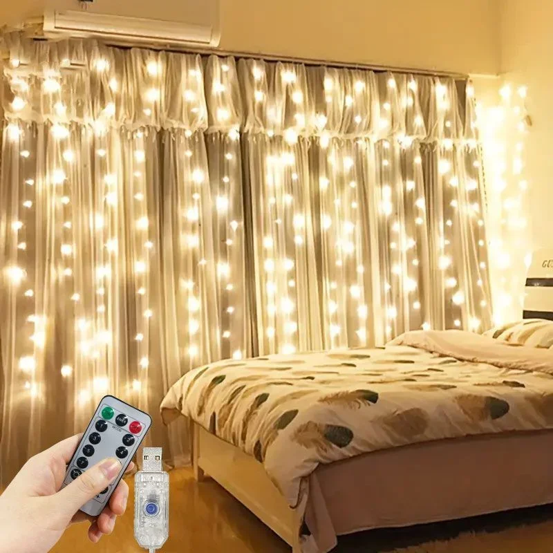 Garland Curtain Lights 8 Modes USB Remote Control Fairy Lights String Wedding Christmas Decor   Bedroom  Year Lamp