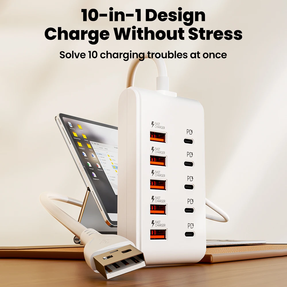 10 Ports USB Charger 5USB+5PD Power Strip Multi Port Type C Wall Charger With 1M Cable For iPhone Samsung Xiaomi QC3.0 Adapter