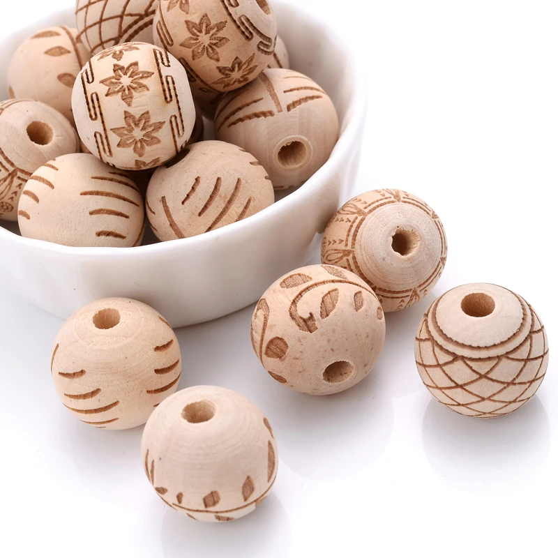 18mm 10Pcs Natural Hemu Carved Wooden Round Loose Beads Fashion Crafts Kid Toys Jewelry Bracelet Teether Beads Accessories