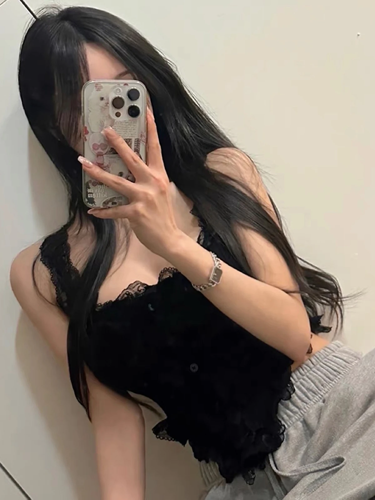 Dongda Gate Pure Desire Sexy Lace Trim Knitted Waist Cinching Slimming Vest Women's Outerwear Top Asymmetrical U-neck Short S...