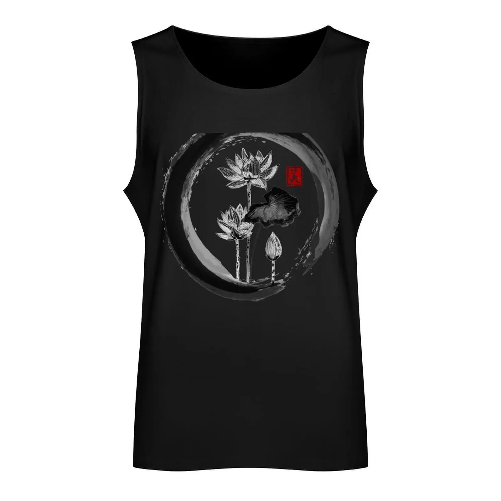 Lotus Flower - Traditional Japanese Ink Painting on Vintage Rice Paper Tank Top Working vest Short sleeve