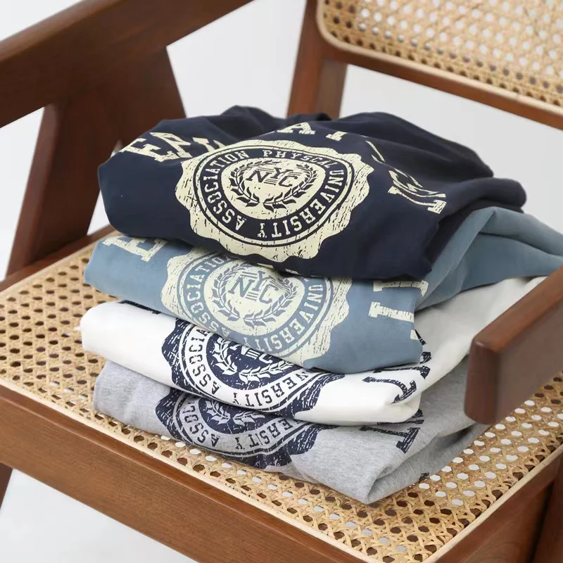 Upaded Version Brued Cotton Long Sve T-irt Men's Faion round Ne Retro Print Basic Versatile Urban Sle Autumn Wear