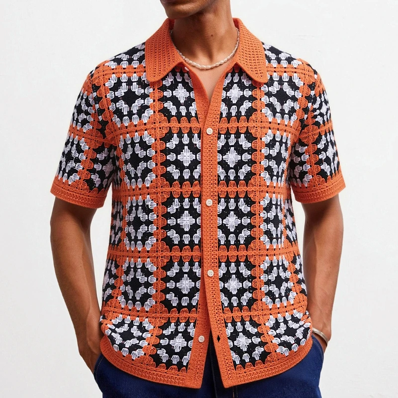 Vacation Casual Mens Knit Shirt Summer Seaside Beach Fashion Hollow Out Knitting Cardigans Contrast Color Crochet Shirts SY0219