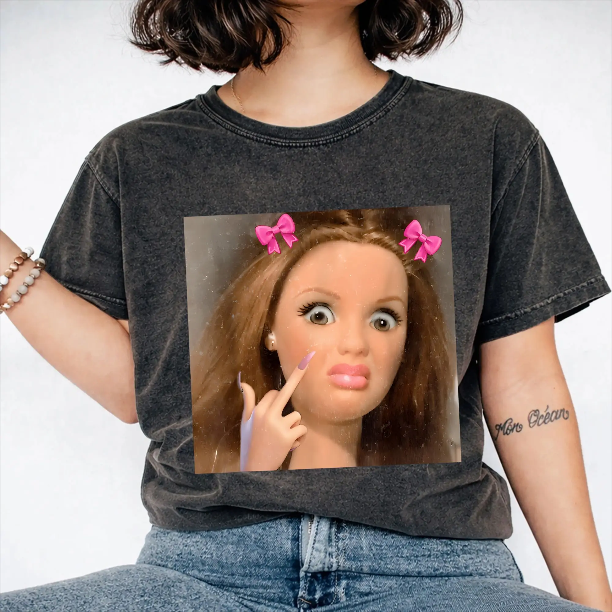 Disgusted Face Meme Doll Babe Washed T Shirt Streetwear Hip Hop Vintage T-Shirts  Tees for Men Women Short Sleeve Oversize