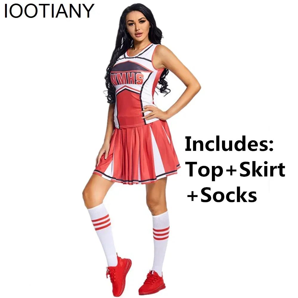 КосплейНовая женская школьная форма, сексуальная форма черлидинга, женский костюм черлидера, косплей, мини-плиссированная юбка + укороченный топ + помпоны + носок