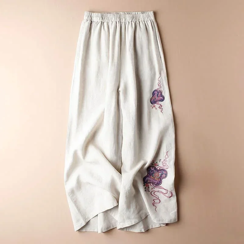 

Pop Cotton Linen Pants Women Elastic Waisted Embroidery Casual Baggy Pants Vintage Korean Fashion Trousers Clothes Wide Leg Pant