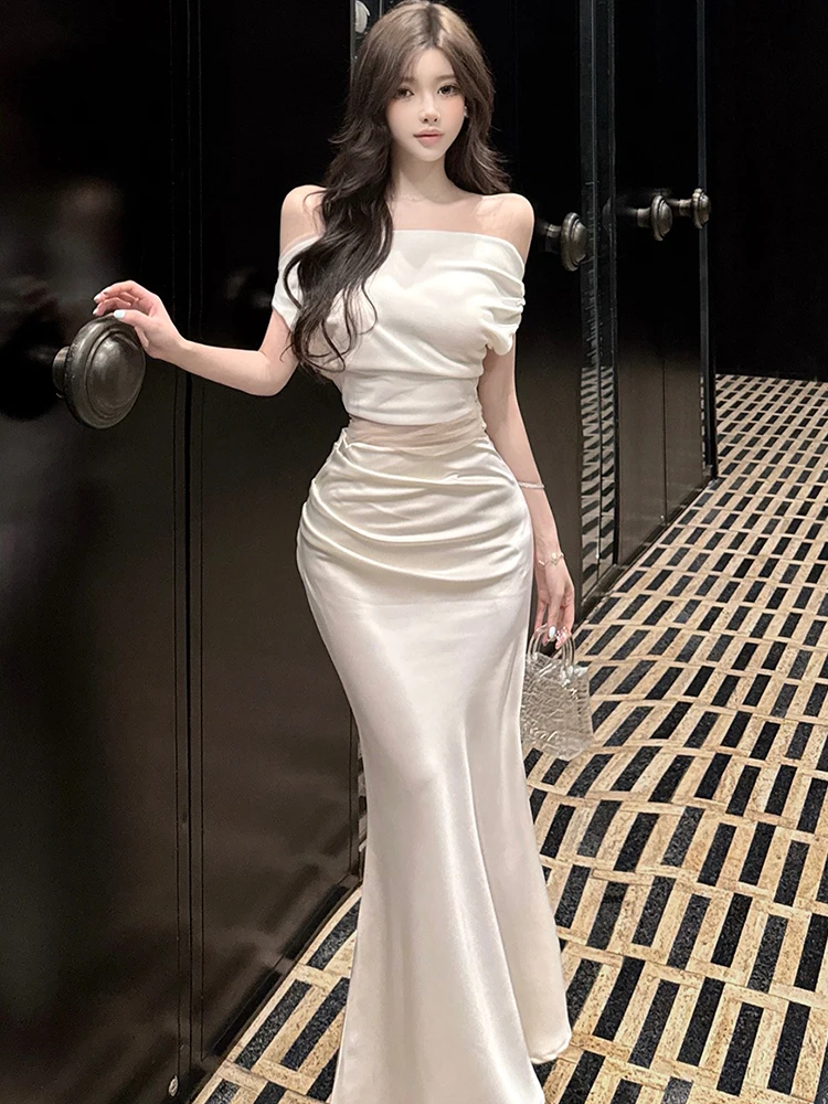 Women Acetate Satin Patchwork Mesh Hollow Out Sexy Dress Summer Elegant Chest Wrapping Dress 2025 Korean Vintage Luxury Vestidos