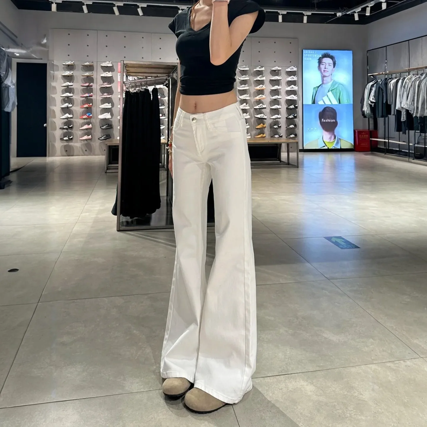 Fashionable High-Waisted Slimming Straight Leg Micro Flared Jeans Women's Casual Elastic Denim Pants High Elasticity White