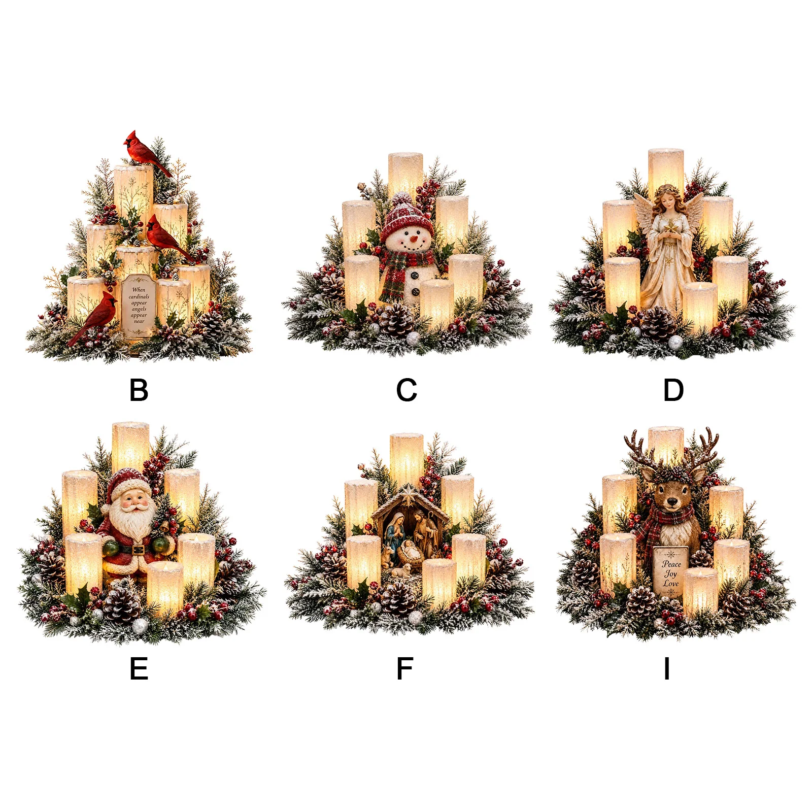 Holiday Cardinal Lighted Candle Centerpiece Flameless Warm Glow Holly Berries Pine Cones Christmas Table Decoration