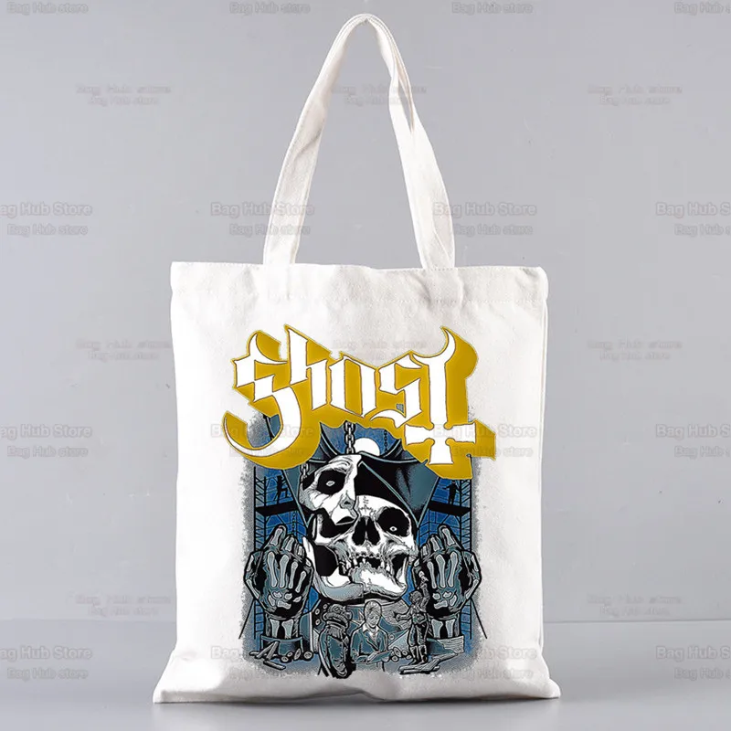 Ghost Rock Band Bolsa de compras para homens e mulheres, sacolas de algodão reutilizáveis, lona, sacolas de personagens populares, alta capacidade, prevalente