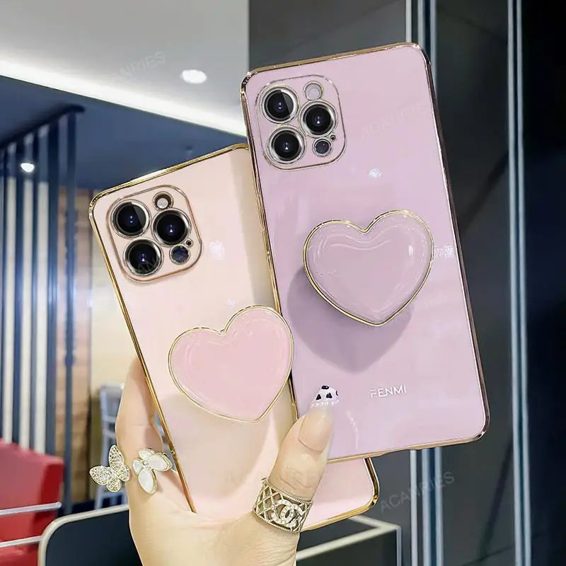 Luxury Plating Love Heart Holder Phone Case On For Iphone 13 12 11 Pro Max 6 S 7 8 Plus X R Xr Xs 10 13pro Stand Silicone Cover