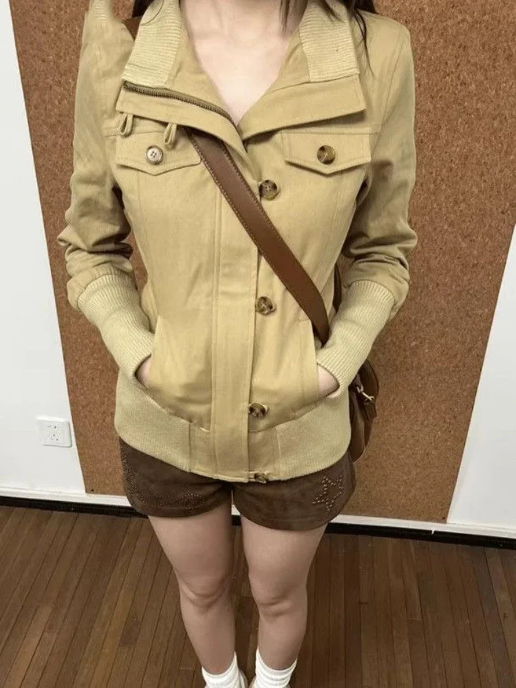 

Streetwear Stand Neck Casual Jackets Women Y2k Aesthetic Slim Fit Casual Coats 2025 Autumn Harajuku Single Breasted Pocket Tops