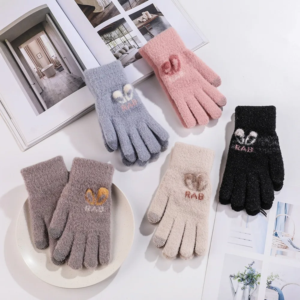 

Winter Driving Nylon Windproof Keep Warm Touch Screen Rabbit Ear All Finger Gloves Female Gloves Thick Mittens