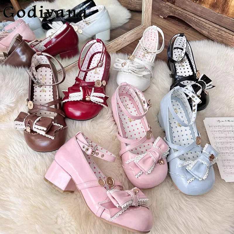 

Original Lolita Style Mary Jane Shoes Autumn New Sweet Girls Cute Bow Tea Party Low Heels Pumps Student Y2k Pumps Leather Shoes