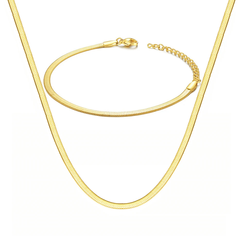 Punk 3mm Flache Schlangenkette Halsband Halskette Armband Gold Silber Farbe Edelstahl Kette für Frauen Fashion Party Schmuck Sets