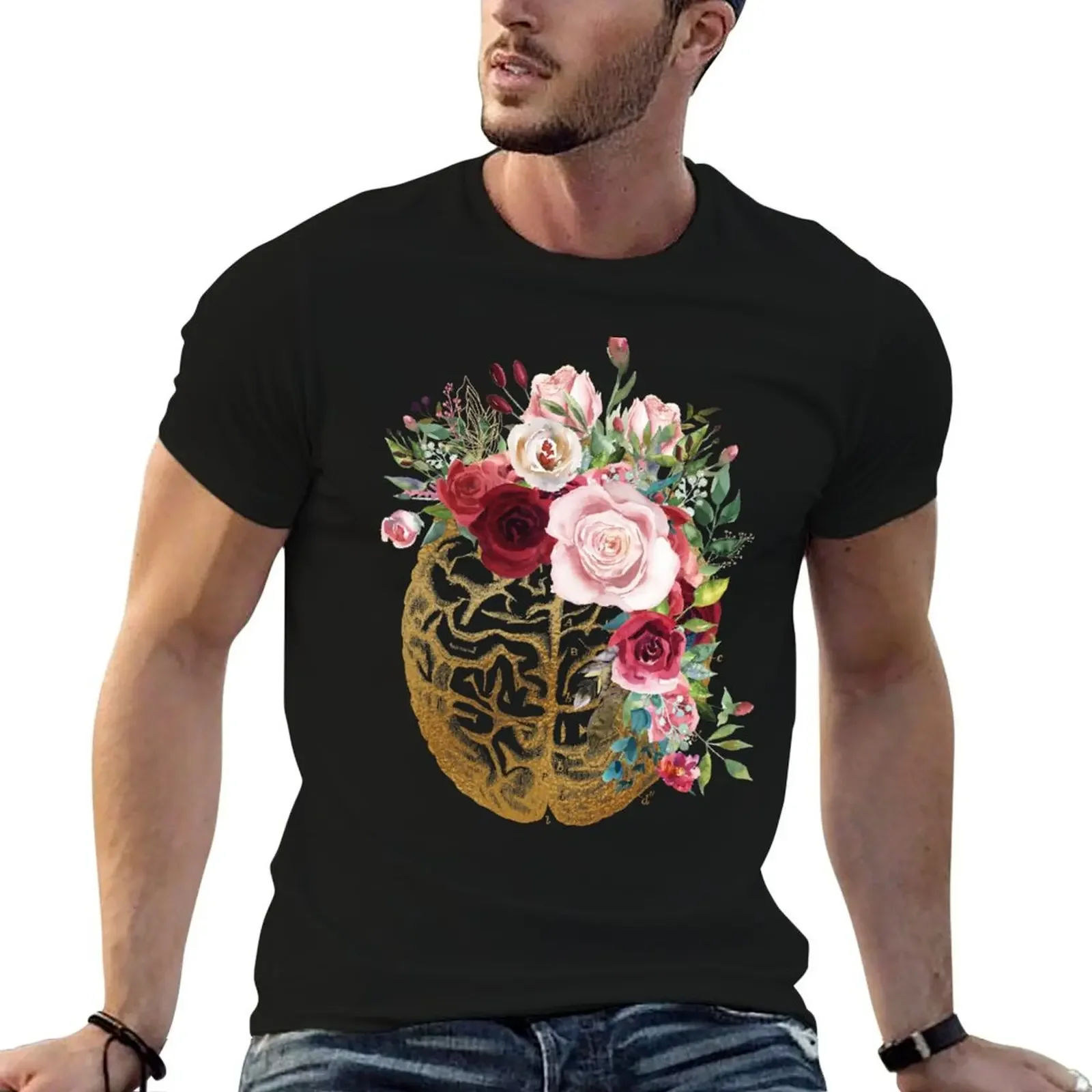 Vintage Brain Anatomy with Pink Roses flowers T-Shirt for a boy graphic tee shirt cotton t shirt men