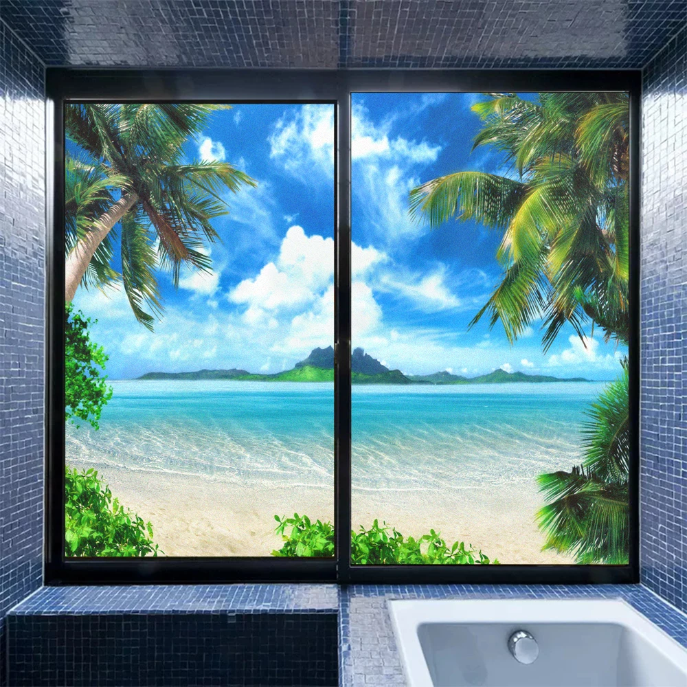 

Seascape Pattern Privacy Glass Window Decoration Film PVC Frosted Sliding Door Film Static Clings Non-Glue Anti UV Glass Sticker