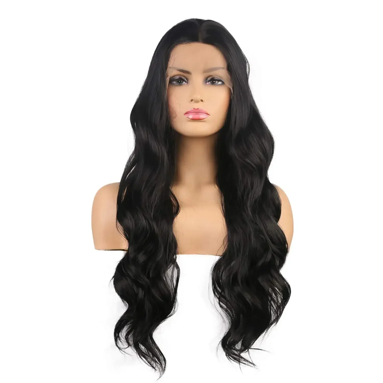 Perruque Lace Front Synthétique Longue et Ondulée Noire pour Femme, Cheveux Sans Colle, Fibre de Degré de Chaleur, Cosplay Party et 03/Wear