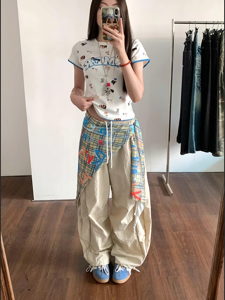 Y2K-ropa de calle para mujer, pantalones Cargo holgados de cintura alta con retales, pantalones de paracaídas Bf Hip Hop, pantalones de chándal de baile de Jazz con cinta que combinan con todo