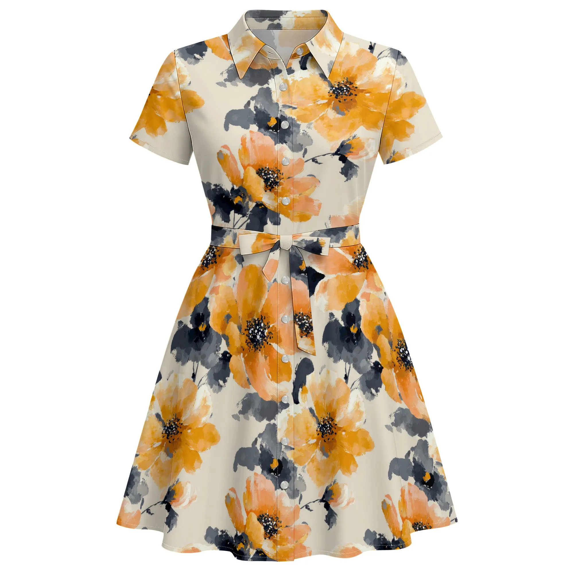 

Nupusa Orange Floral Watercolor Print Dress for Women Regular Size Summer Casual Shirt Collar Short Sleeve Belted Midi Dress
