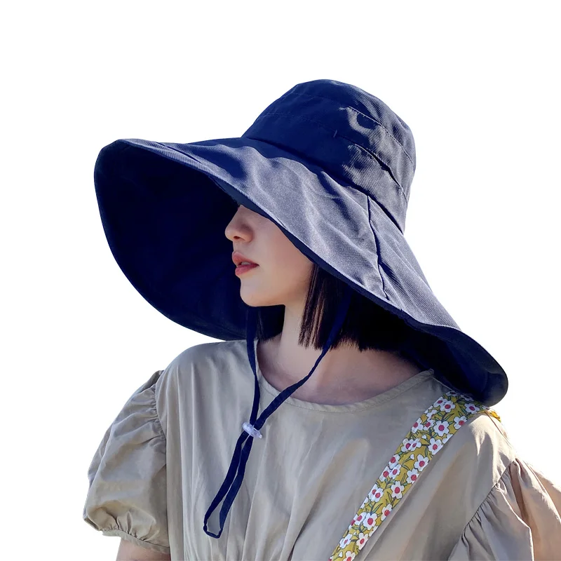 Fashions Large Brim 18cm Sun Hat with String Women UV Protection Female Outdoor Fisherman Cap Fold Summer Beach Solid Bucekt Hat