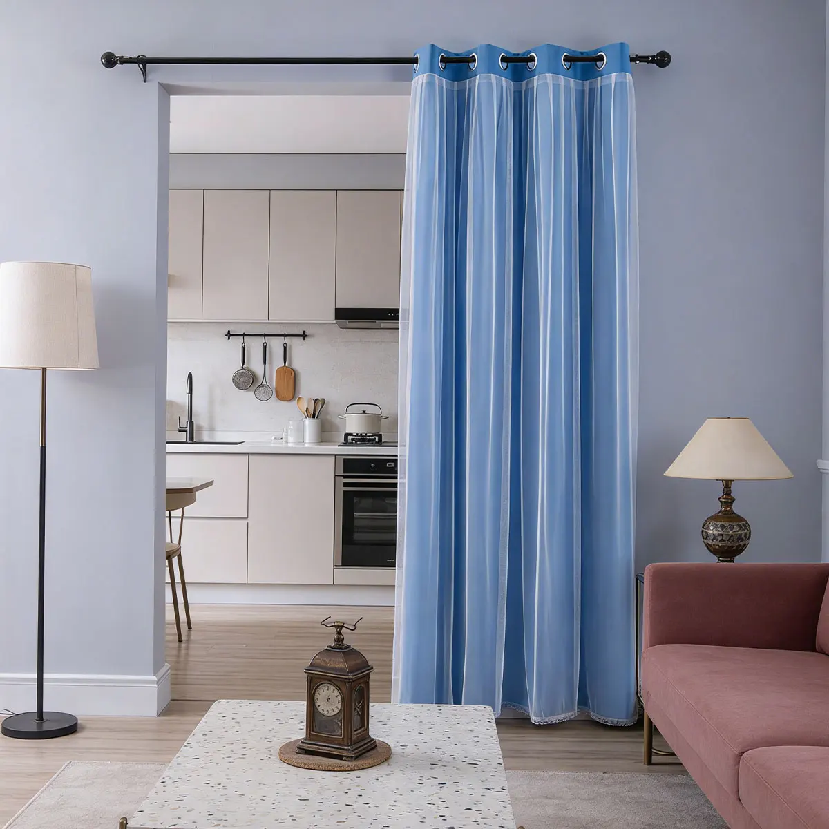 Sky Blue Double Layer Tulle Grommet Door Curtain, Sheer Partition Curtain for Minimalist Ins Kitchen Bedroom Aisle Closet Decor