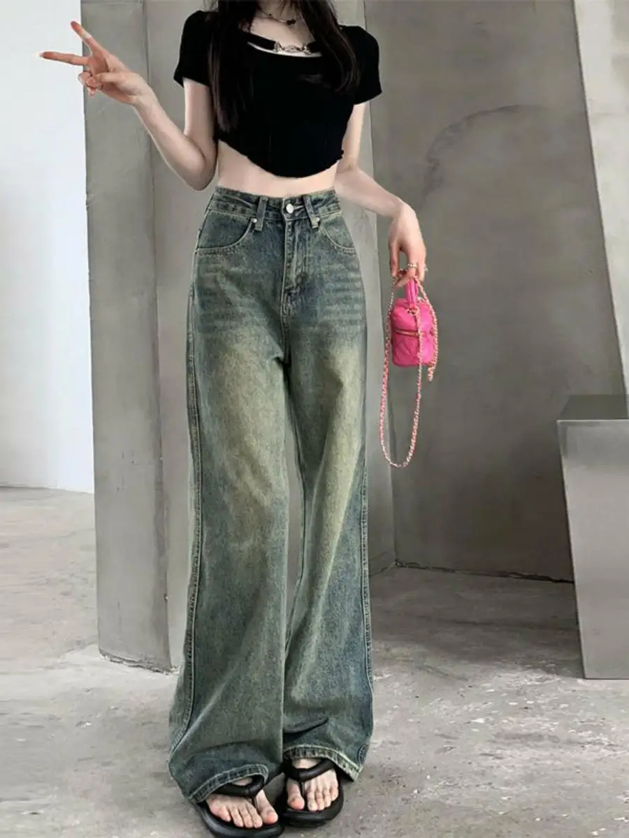 

Прямые джинсы с высокой талией, женские повседневные свободные широкие длинные брюки с фруктовым мясом, осень