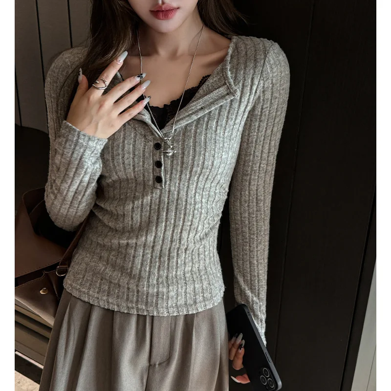 Striped V-neck Lace Splicing Long-sleeved Right-shoulder T-shirt Feminine Slim Fit Inner Layering Top