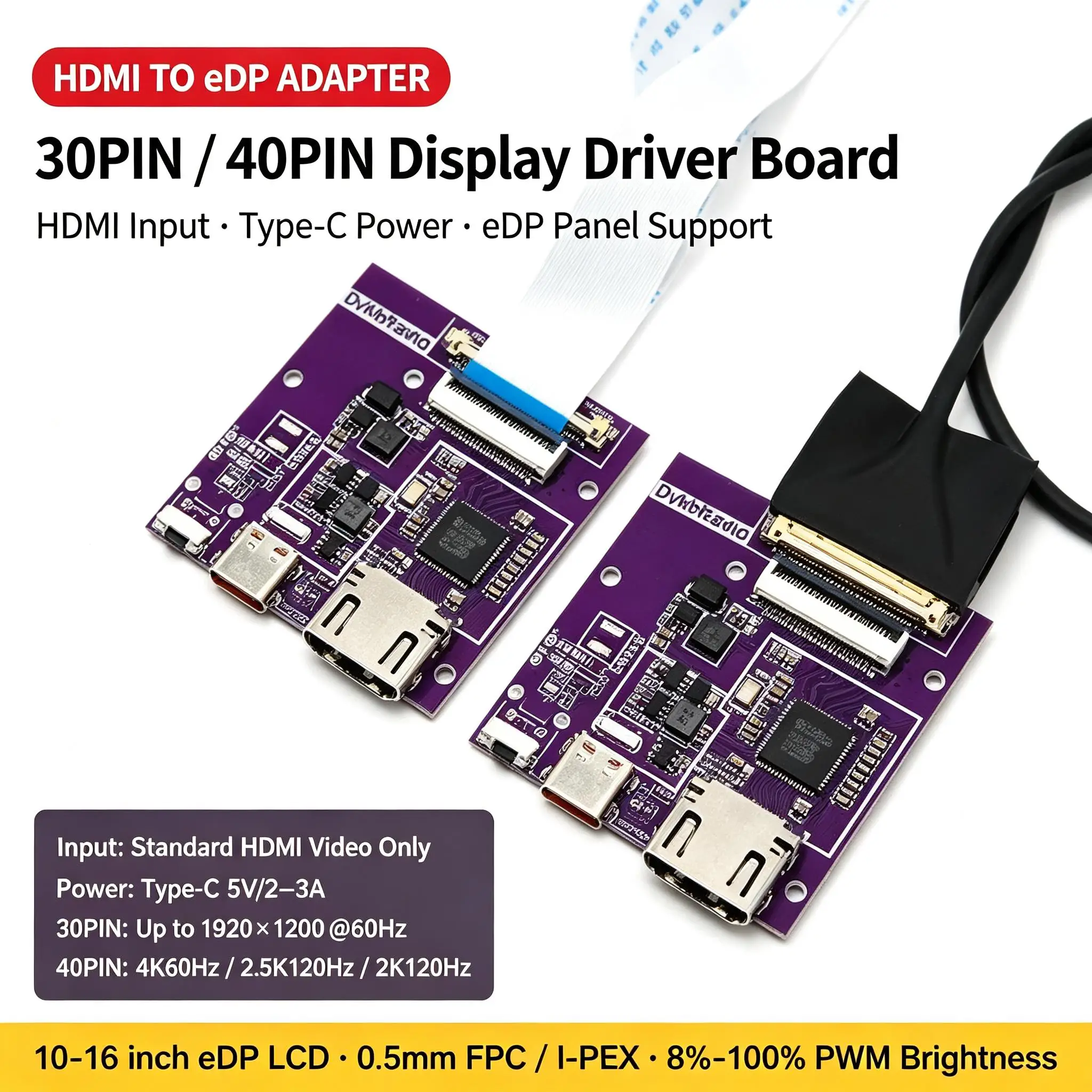 DYKB HDMI-eDP Driver Board 30PIN 40PIN 2K4K 60Hz120Hz EDP Signal Display Projection Portable 10-16 Inch LCD Panel Monitor Module