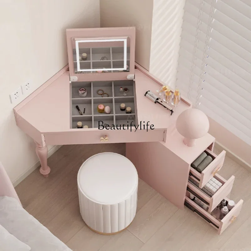 yj32 Flip Lights Storage Vanity Table Mirror Drawers Woman Small Cabinet Bedroom Dressers Girl Makeup Pink Coiffeuse Furniture H