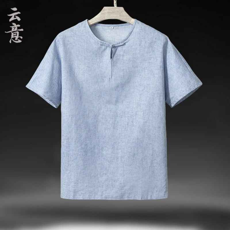 

Льняная футболка из смесового хлопка для мужчин с пуговицами, тонкая, приталенная, в стиле Ханьфу, повседневная, с круглым вырезом