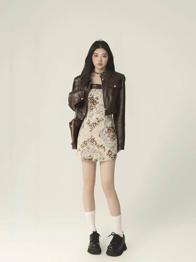 Cool Girl Attitude ort Pelle marrone Jaet Donna Autunno Taglia piccola trapuntata in pelle PU Top da pendolarismo Sle Lunga cerniera sve