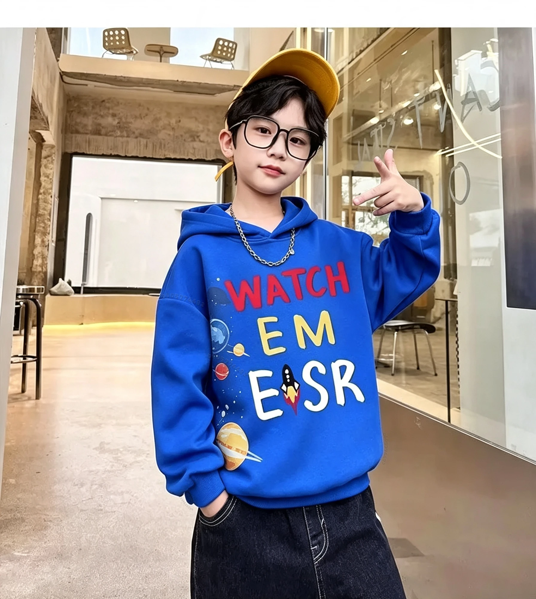 Autumn/Winter Children's Fashion Fun Cartoon Print Hooded Sweatshirt for Big Kids - Loose-Fitting Warm Pullover Sweater
